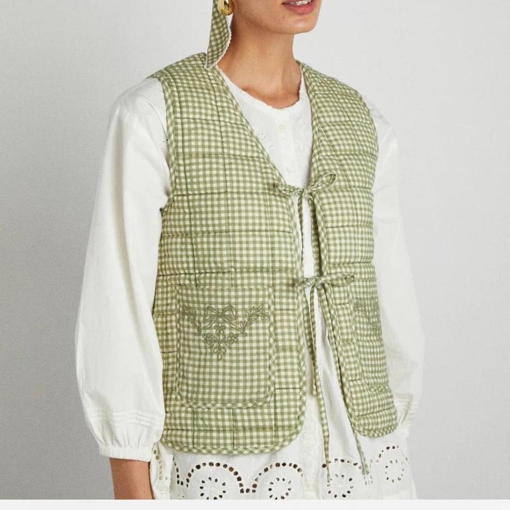 Damson Madder Arte Reversible Tie Gilet Green Gingham floral vest size 10